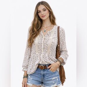 LOFT Boho Crochet Lace Blouse XL Cotton Rayon Festival Peasant Top Neutral Print